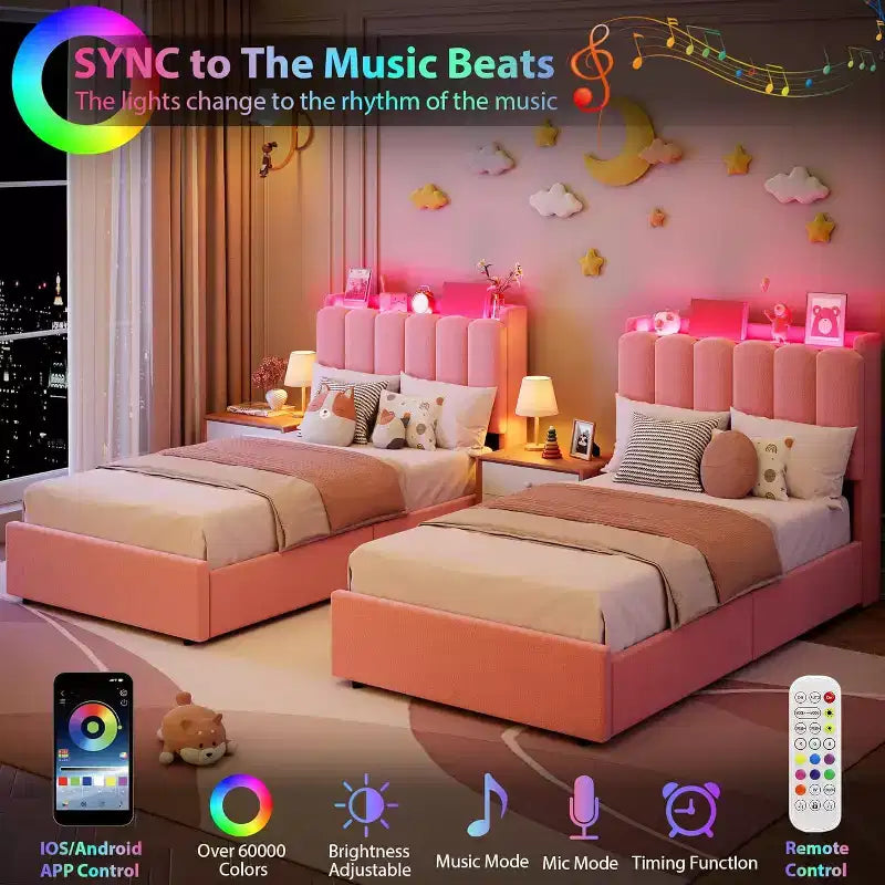 Letto matrimoniale singolo (Twin Size) con luci LED, testiera contenitore con 2 cassetti, testiera ondulata chic con libreria, base per materasso con doghe in legno