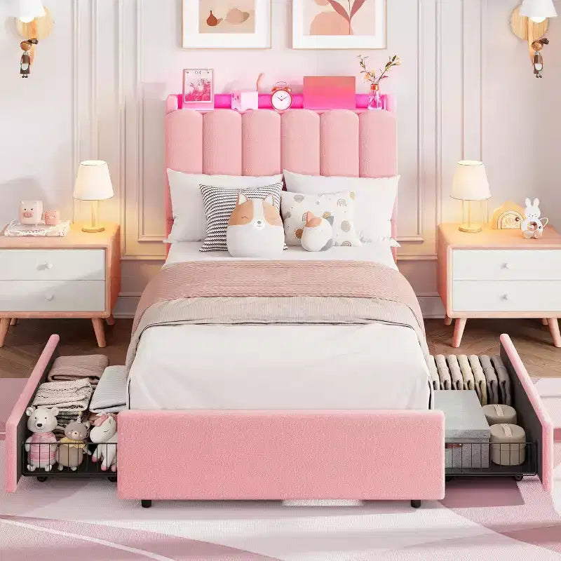Letto matrimoniale singolo (Twin Size) con luci LED, testiera contenitore con 2 cassetti, testiera ondulata chic con libreria, base per materasso con doghe in legno