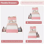 Letto matrimoniale singolo (Twin Size) con luci LED, testiera contenitore con 2 cassetti, testiera ondulata chic con libreria, base per materasso con doghe in legno