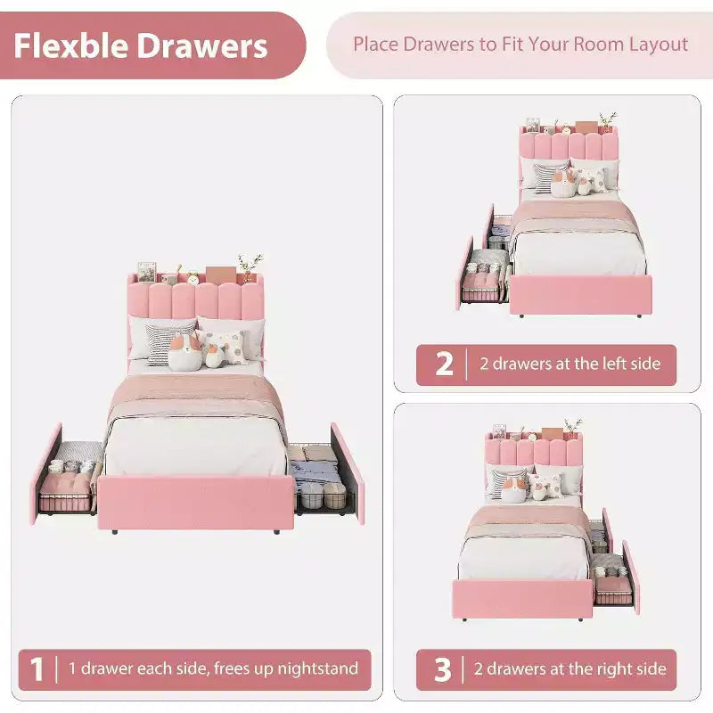 Letto matrimoniale singolo (Twin Size) con luci LED, testiera contenitore con 2 cassetti, testiera ondulata chic con libreria, base per materasso con doghe in legno