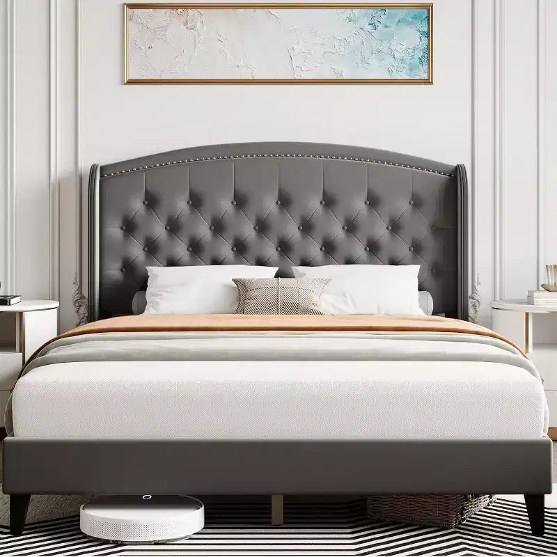 Letto King Size Moderno Grigio con Testiera Trapuntata a Rombo, Robusto Supporto a Doghe Senza Necessità di Rete, Montaggio Silenzioso e Facile