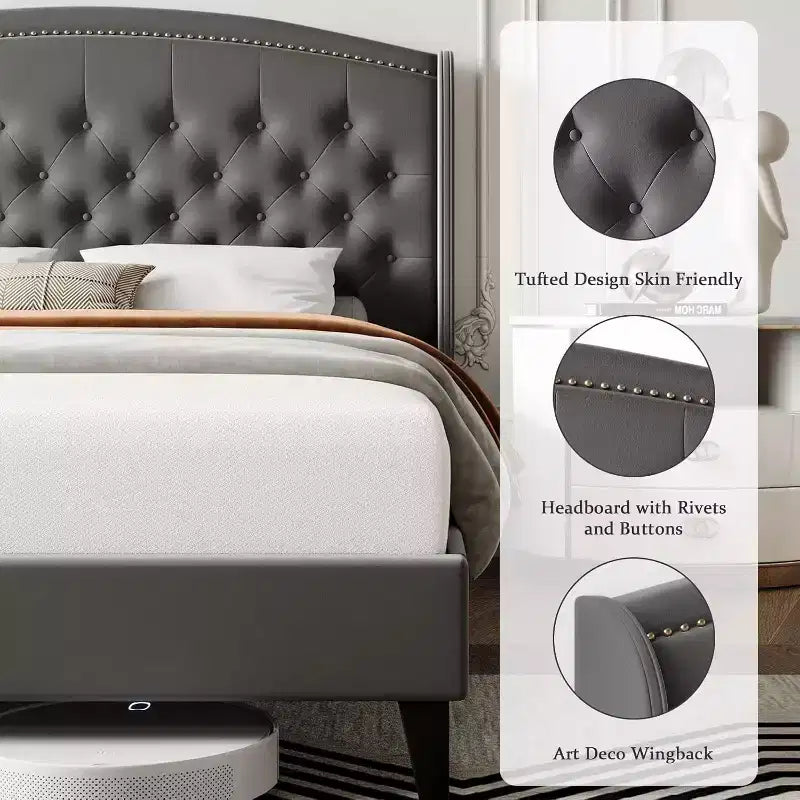 Letto King Size Moderno Grigio con Testiera Trapuntata a Rombo, Robusto Supporto a Doghe Senza Necessità di Rete, Montaggio Silenzioso e Facile