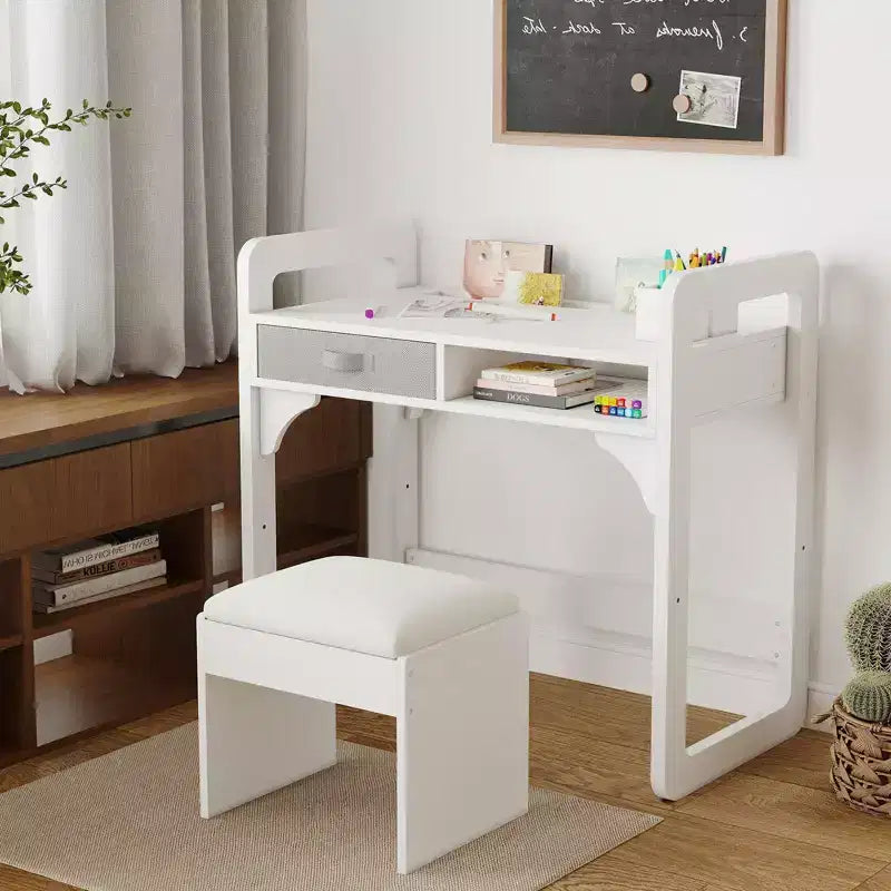 Scrivania e Sedia in Legno per Studio con Cassetti in Stoffa e Portapenne