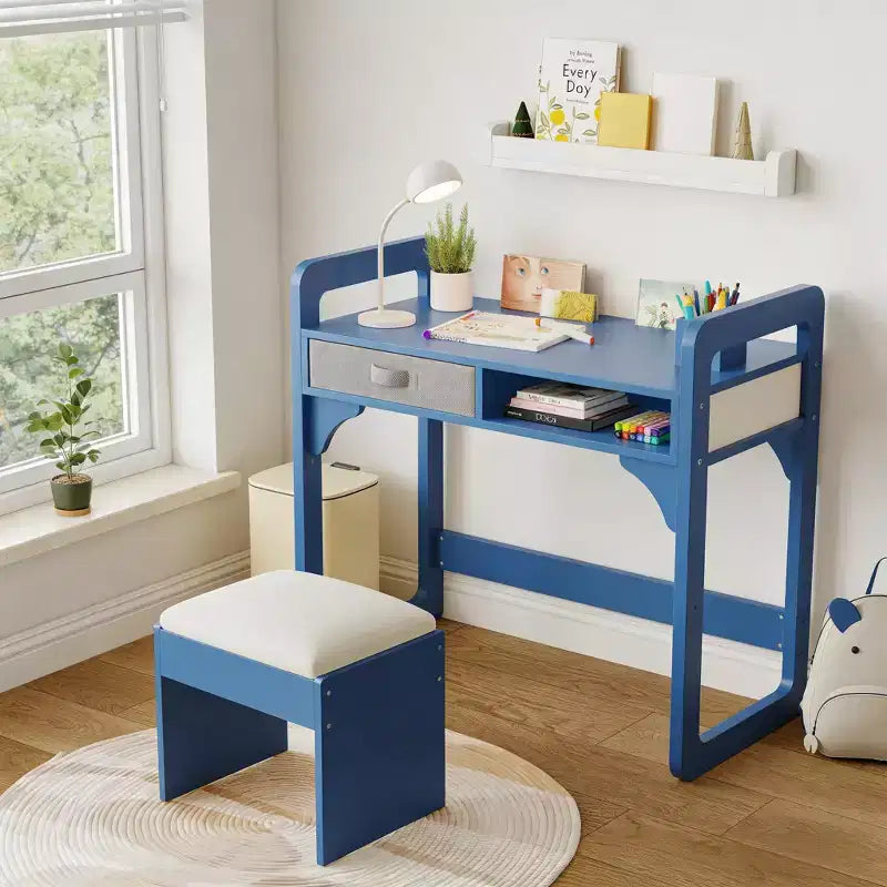 Wooden Study Desk and Chair Set with Cloth Drawers and Pen Holder
