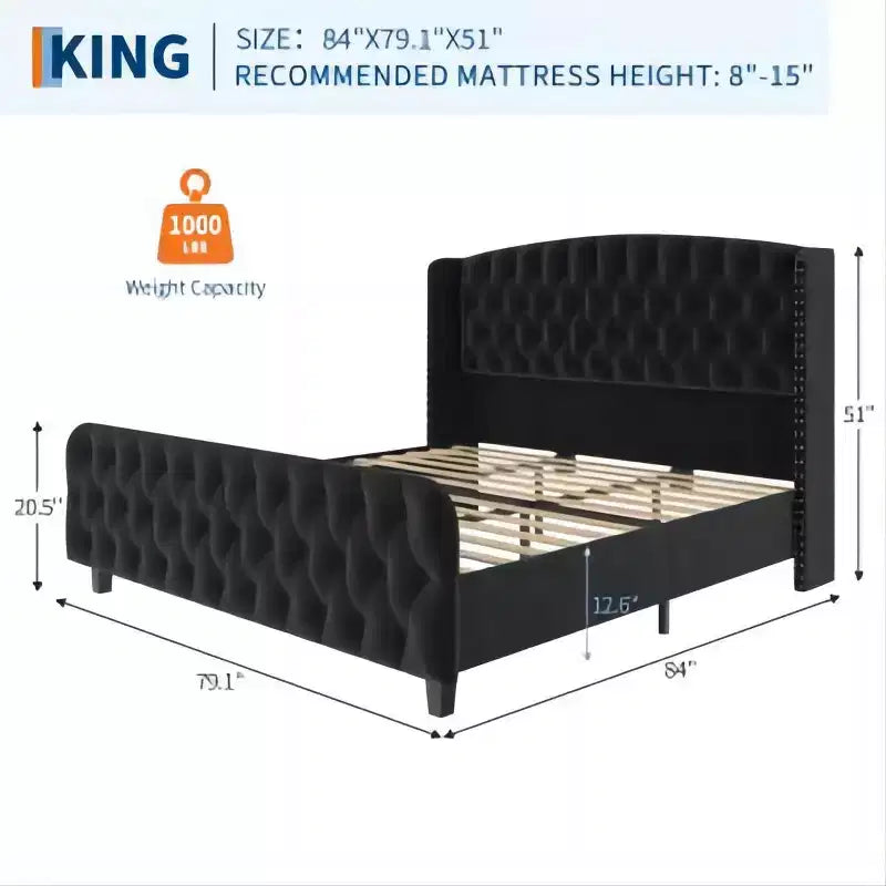 Letto imbottito con schienale alto e bottoni diamantati, moderno giroletto alto, legno massello con morbido e confortevole velluto-spugna, mobili per camera da letto