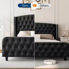 Letto imbottito con schienale alto e bottoni diamantati, moderno giroletto alto, legno massello con morbido e confortevole velluto-spugna, mobili per camera da letto