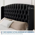 Letto imbottito con schienale alto e bottoni diamantati, moderno giroletto alto, legno massello con morbido e confortevole velluto-spugna, mobili per camera da letto