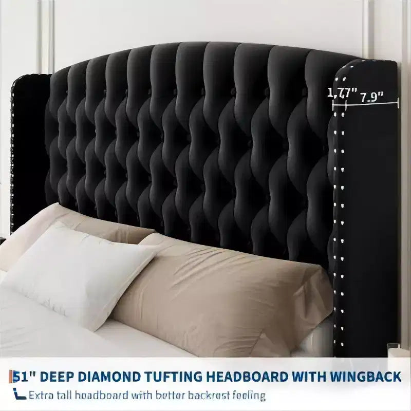 Letto imbottito con schienale alto e bottoni diamantati, moderno giroletto alto, legno massello con morbido e confortevole velluto-spugna, mobili per camera da letto