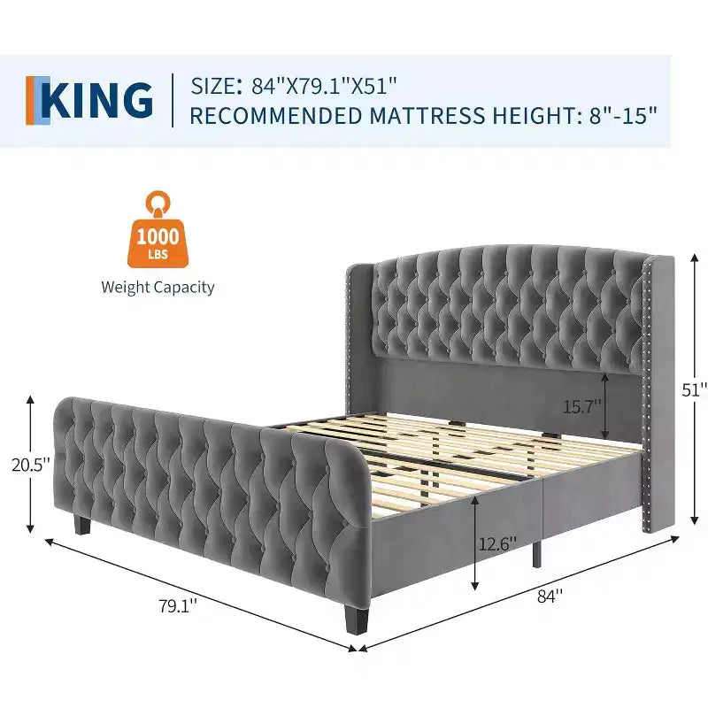 Letto imbottito con schienale alto e bottoni diamantati, moderno giroletto alto, legno massello con morbido e confortevole velluto-spugna, mobili per camera da letto