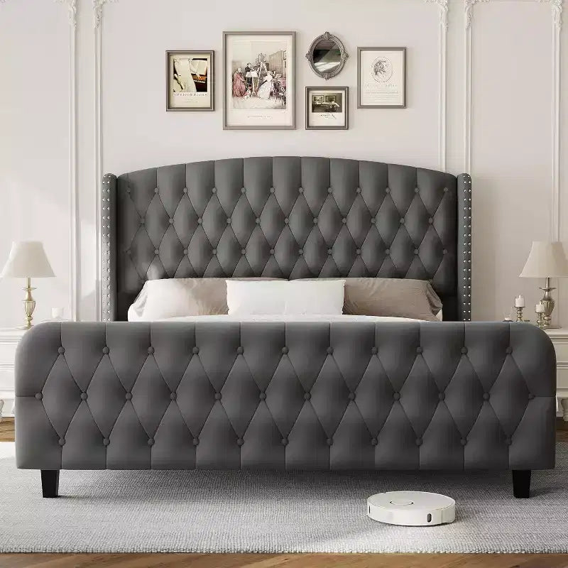 Letto imbottito con schienale alto e bottoni diamantati, moderno giroletto alto, legno massello con morbido e confortevole velluto-spugna, mobili per camera da letto