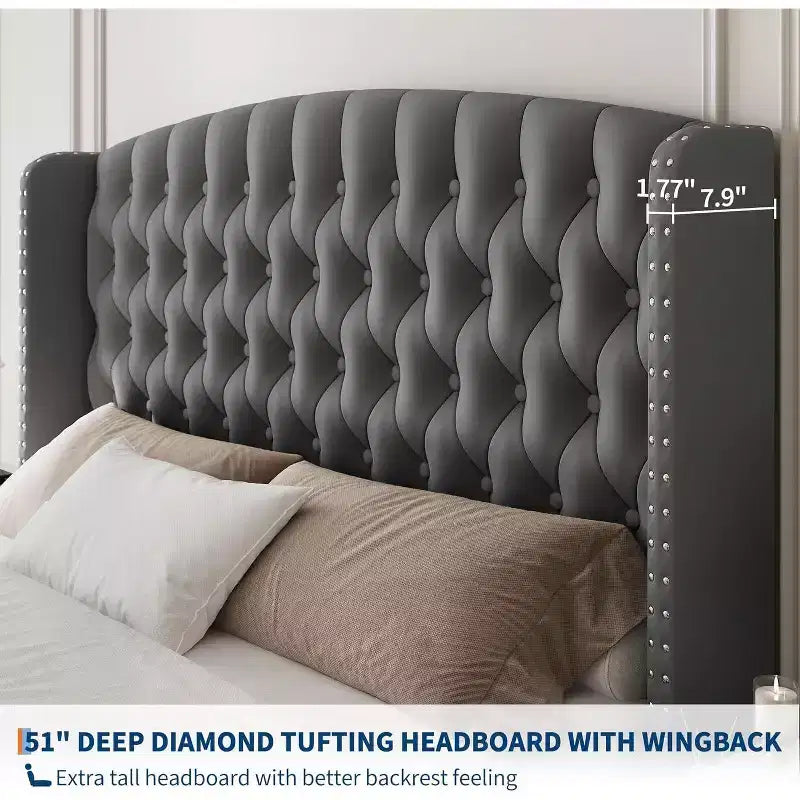 Letto imbottito con schienale alto e bottoni diamantati, moderno giroletto alto, legno massello con morbido e confortevole velluto-spugna, mobili per camera da letto