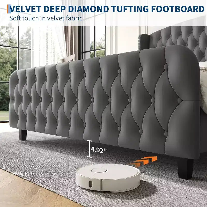 Letto imbottito con schienale alto e bottoni diamantati, moderno giroletto alto, legno massello con morbido e confortevole velluto-spugna, mobili per camera da letto