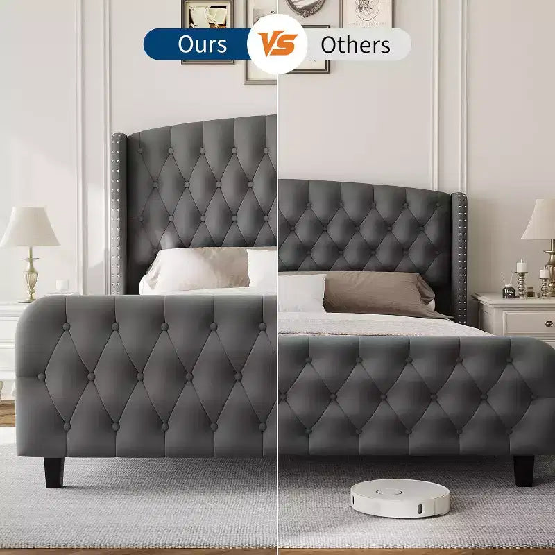 Letto imbottito con schienale alto e bottoni diamantati, moderno giroletto alto, legno massello con morbido e confortevole velluto-spugna, mobili per camera da letto