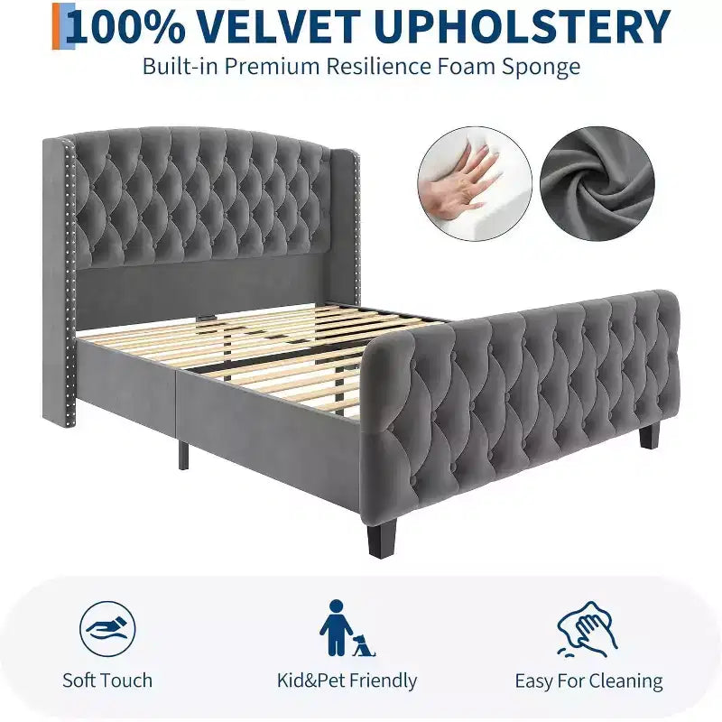 Letto imbottito con schienale alto e bottoni diamantati, moderno giroletto alto, legno massello con morbido e confortevole velluto-spugna, mobili per camera da letto