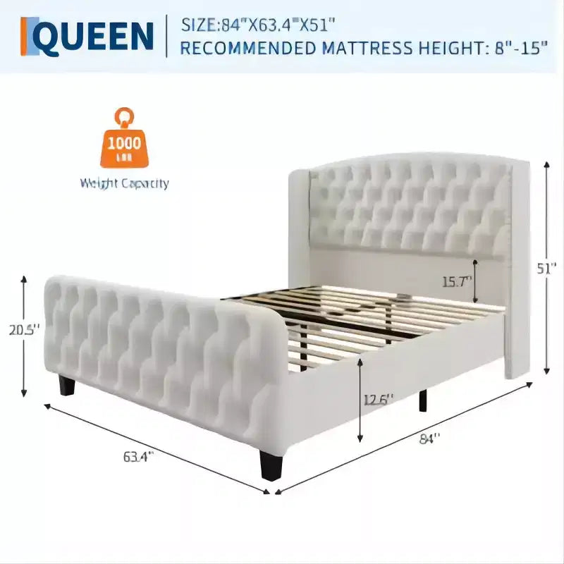 Letto imbottito con schienale alto e bottoni diamantati, moderno giroletto alto, legno massello con morbido e confortevole velluto-spugna, mobili per camera da letto