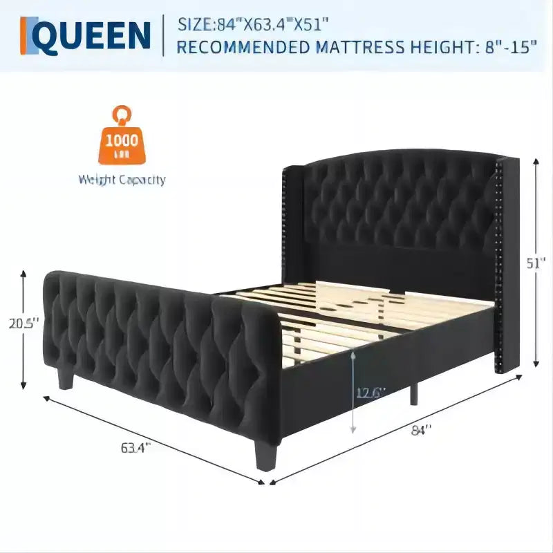 Letto imbottito con schienale alto e bottoni diamantati, moderno giroletto alto, legno massello con morbido e confortevole velluto-spugna, mobili per camera da letto