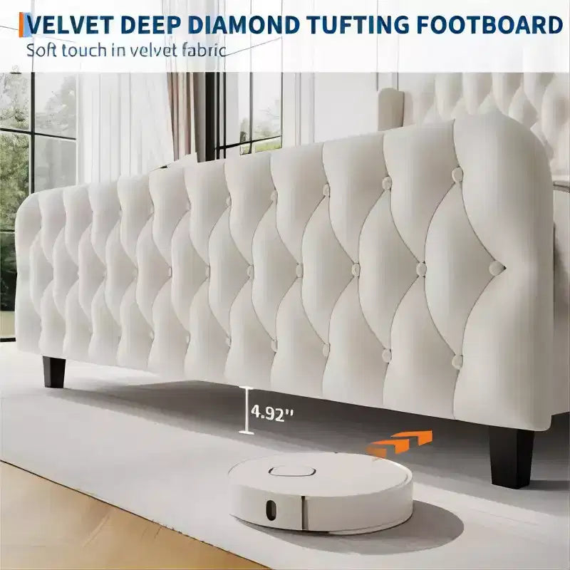 Letto imbottito con schienale alto e bottoni diamantati, moderno giroletto alto, legno massello con morbido e confortevole velluto-spugna, mobili per camera da letto