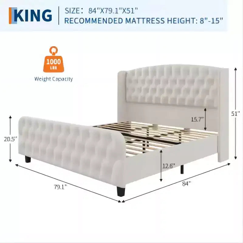 Letto imbottito con schienale alto e bottoni diamantati, moderno giroletto alto, legno massello con morbido e confortevole velluto-spugna, mobili per camera da letto