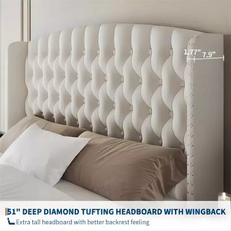 Letto imbottito con schienale alto e bottoni diamantati, moderno giroletto alto, legno massello con morbido e confortevole velluto-spugna, mobili per camera da letto