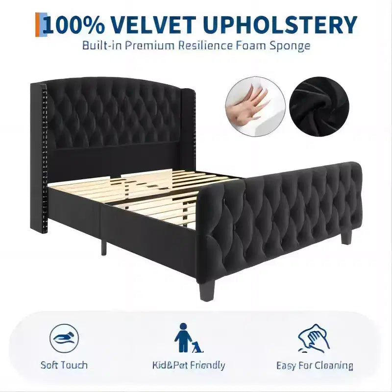 Letto imbottito con schienale alto e bottoni diamantati, moderno giroletto alto, legno massello con morbido e confortevole velluto-spugna, mobili per camera da letto