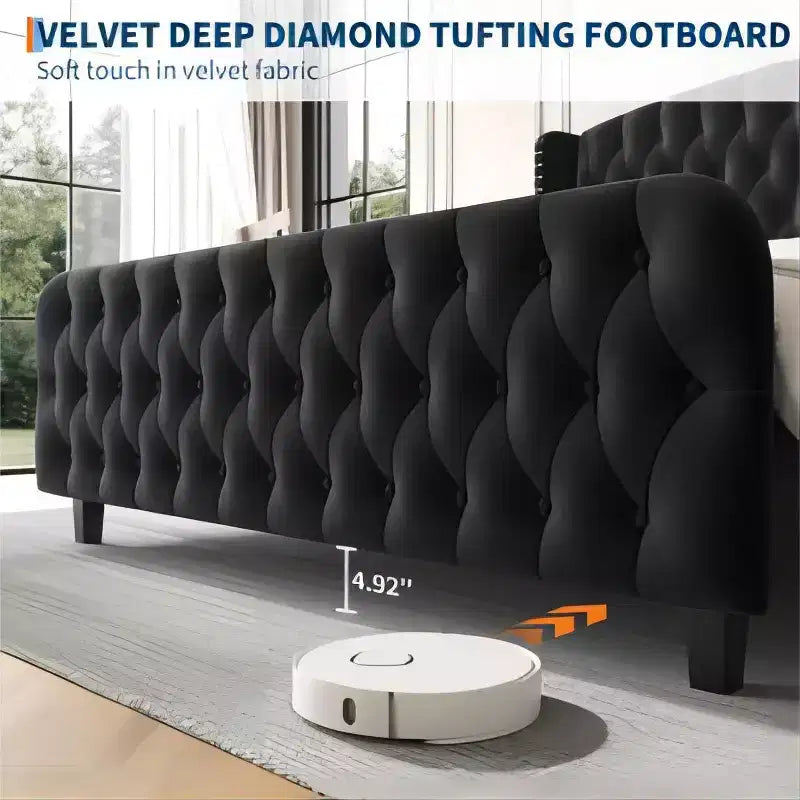 Letto imbottito con schienale alto e bottoni diamantati, moderno giroletto alto, legno massello con morbido e confortevole velluto-spugna, mobili per camera da letto
