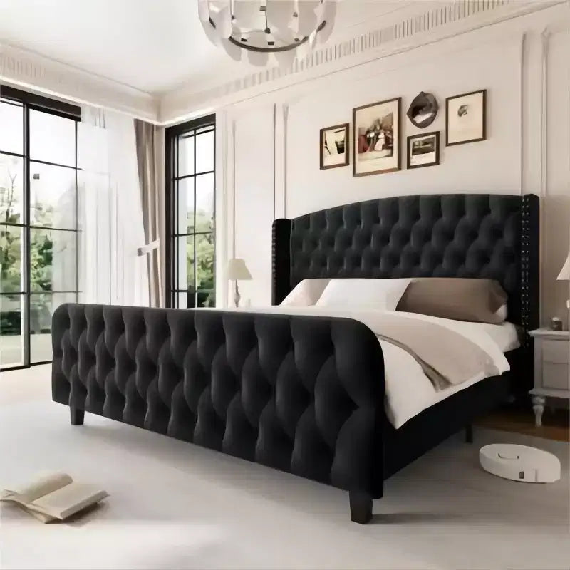 Letto imbottito con schienale alto e bottoni diamantati, moderno giroletto alto, legno massello con morbido e confortevole velluto-spugna, mobili per camera da letto