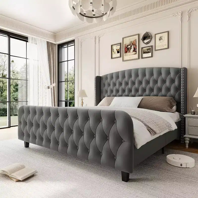 Letto imbottito con schienale alto e bottoni diamantati, moderno giroletto alto, legno massello con morbido e confortevole velluto-spugna, mobili per camera da letto