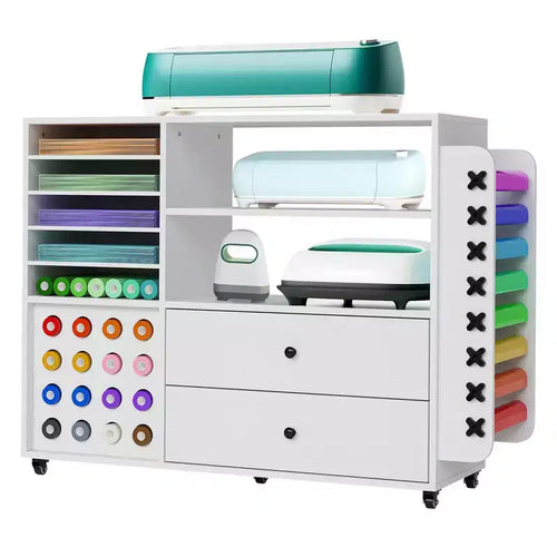 42 Mobile Craft Storage Cabinet with Work Table  2 Large Drawers & 24 Vinyl Roll Holders, Organizer Cart for Studio & Craft Room