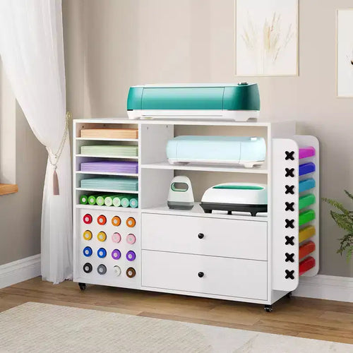 Mobiletto da 42 scomparti per lavori di artigianato con tavolo da lavoro, 2 ampi cassetti e 24 supporti per rotoli di vinile, carrello organizer per studio e stanza del fai da te