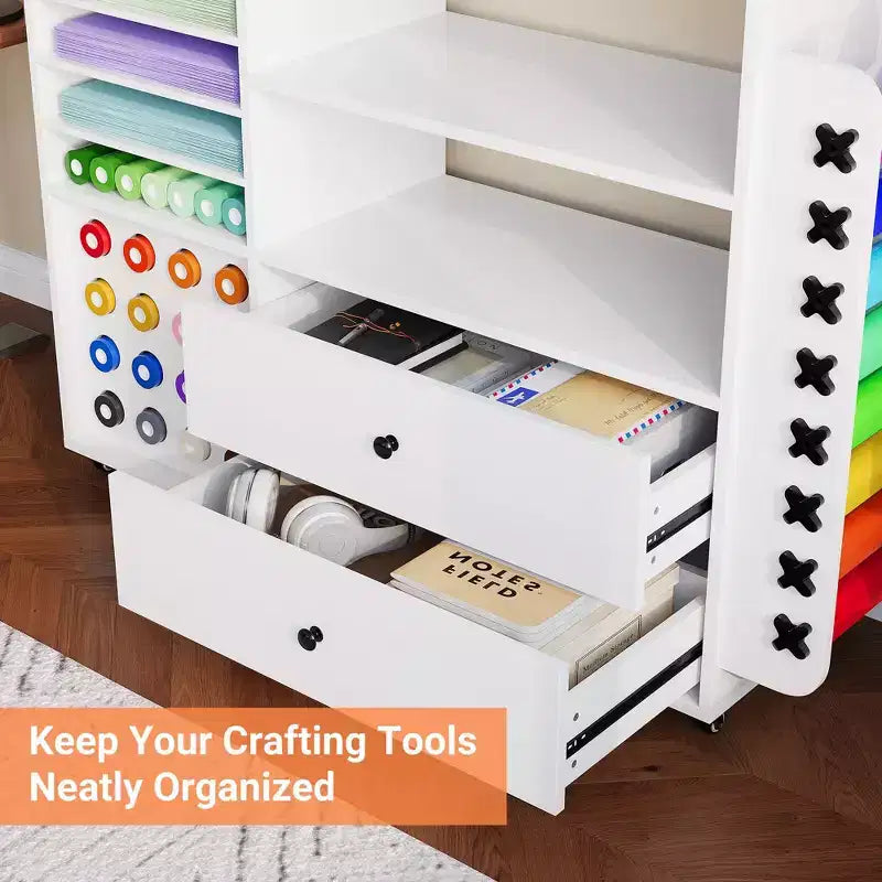 Mobiletto da 42 scomparti per lavori di artigianato con tavolo da lavoro, 2 ampi cassetti e 24 supporti per rotoli di vinile, carrello organizer per studio e stanza del fai da te