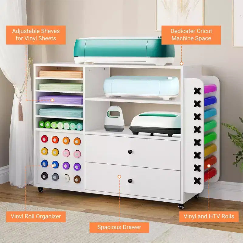 Mobiletto da 42 scomparti per lavori di artigianato con tavolo da lavoro, 2 ampi cassetti e 24 supporti per rotoli di vinile, carrello organizer per studio e stanza del fai da te