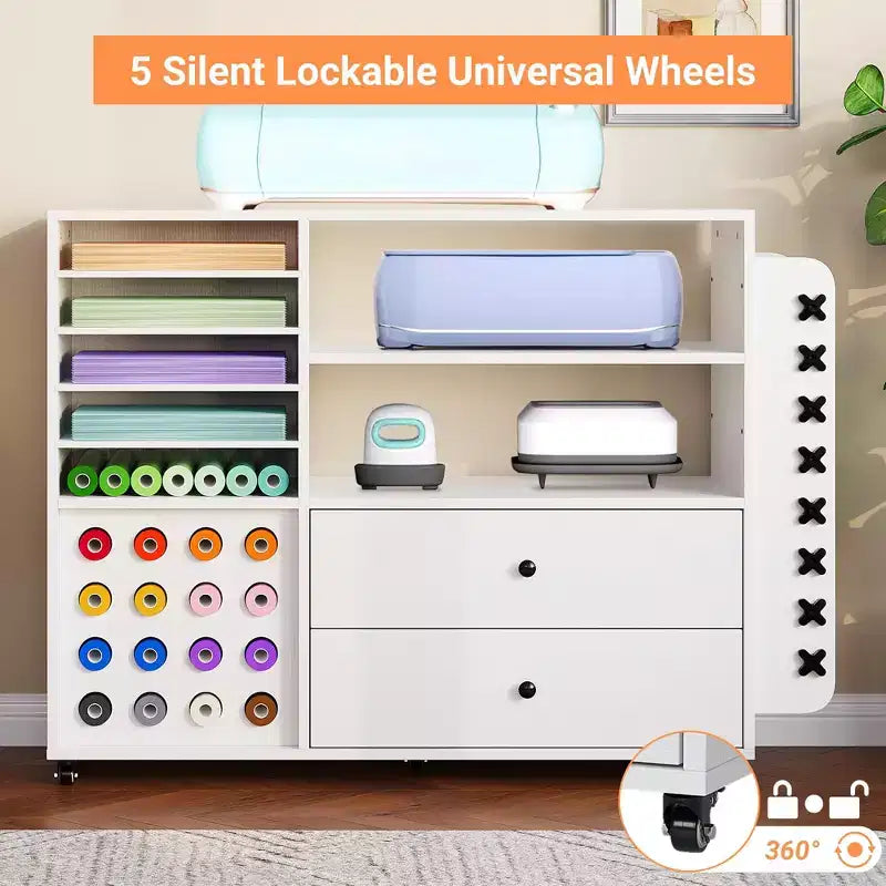 Mobiletto da 42 scomparti per lavori di artigianato con tavolo da lavoro, 2 ampi cassetti e 24 supporti per rotoli di vinile, carrello organizer per studio e stanza del fai da te