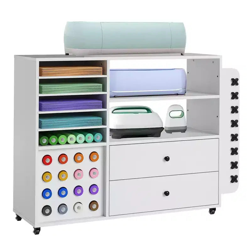 Mobiletto da 42 scomparti per lavori di artigianato con tavolo da lavoro, 2 ampi cassetti e 24 supporti per rotoli di vinile, carrello organizer per studio e stanza del fai da te