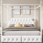 Bellemave Queen Size 4-Poster Metal Canopy Bed Frame with Velvet Headboard and 2 Storage Drawers, 4-Poster Upholstered Canopy Platform Bedframe, White