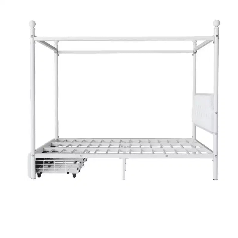 Bellemave Letto a baldacchino in metallo a 4 montanti Queen Size con testiera in velluto e 2 cassetti portaoggetti, Letto a piattaforma imbottito a baldacchino a 4 montanti, Bianco