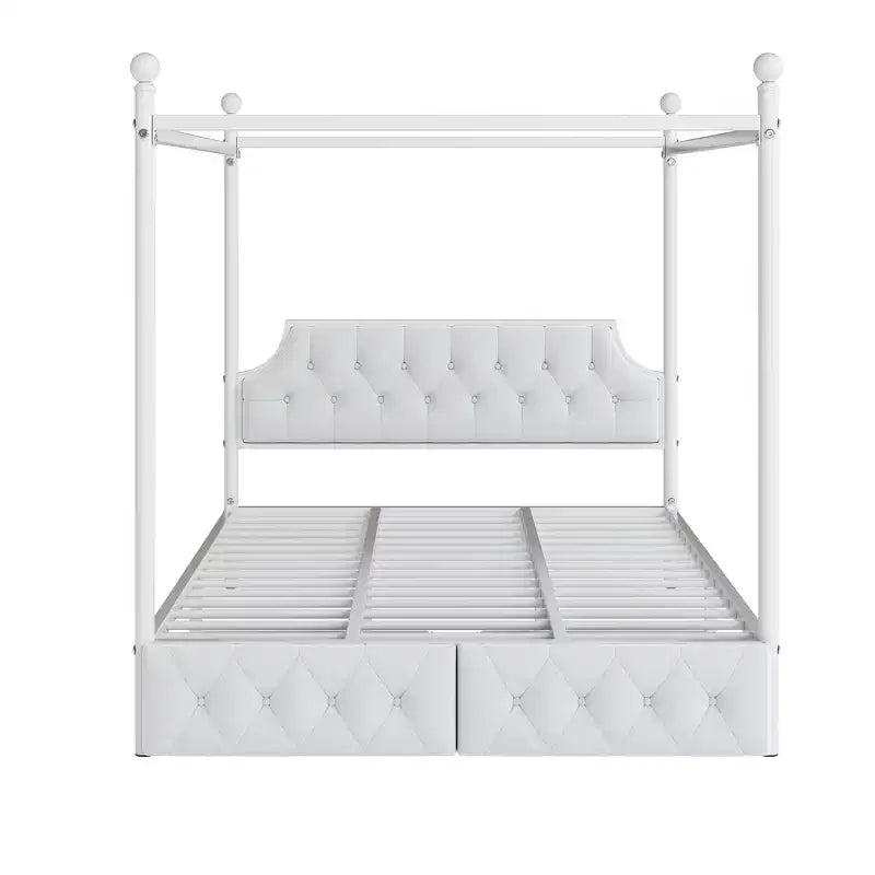 Bellemave Letto a baldacchino in metallo a 4 montanti Queen Size con testiera in velluto e 2 cassetti portaoggetti, Letto a piattaforma imbottito a baldacchino a 4 montanti, Bianco