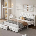 Bellemave Letto a baldacchino in metallo a 4 montanti Queen Size con testiera in velluto e 2 cassetti portaoggetti, Letto a piattaforma imbottito a baldacchino a 4 montanti, Bianco