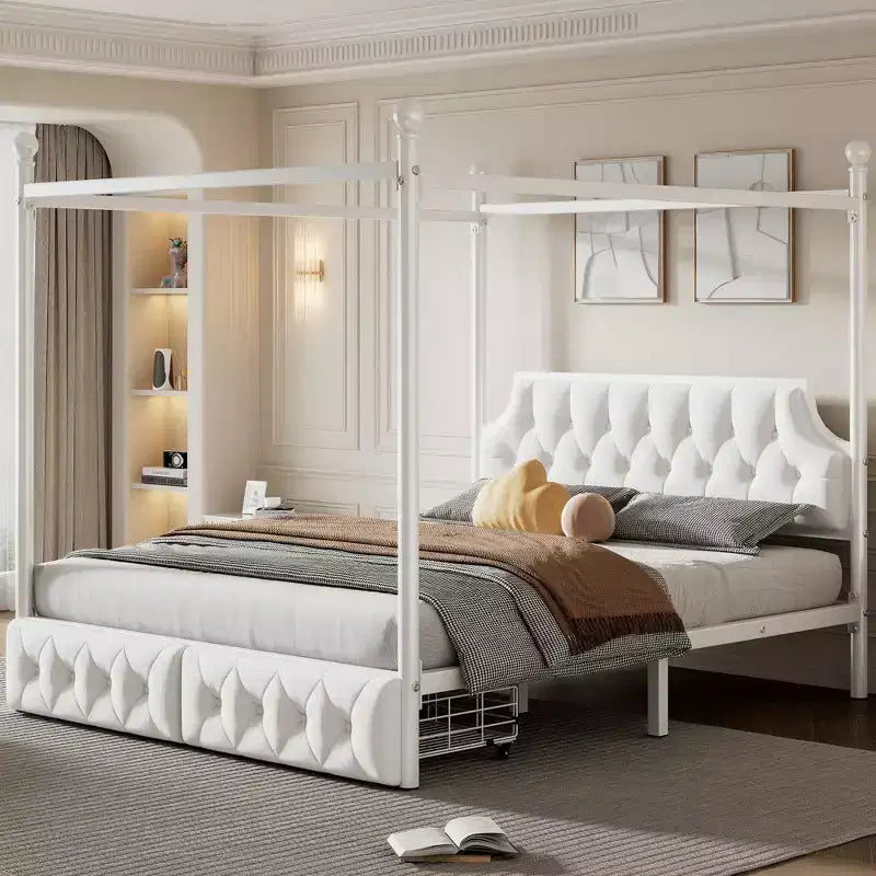 Bellemave Letto a baldacchino in metallo a 4 montanti Queen Size con testiera in velluto e 2 cassetti portaoggetti, Letto a piattaforma imbottito a baldacchino a 4 montanti, Bianco