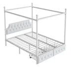 Bellemave Letto a baldacchino in metallo a 4 montanti Queen Size con testiera in velluto e 2 cassetti portaoggetti, Letto a piattaforma imbottito a baldacchino a 4 montanti, Bianco