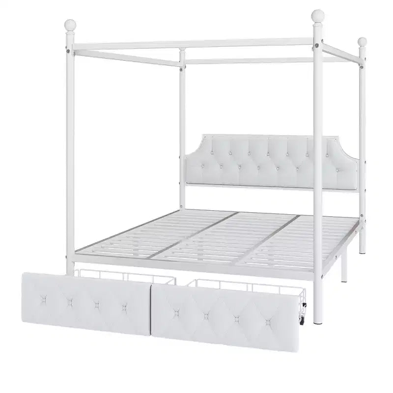 Bellemave Letto a baldacchino in metallo a 4 montanti Queen Size con testiera in velluto e 2 cassetti portaoggetti, Letto a piattaforma imbottito a baldacchino a 4 montanti, Bianco