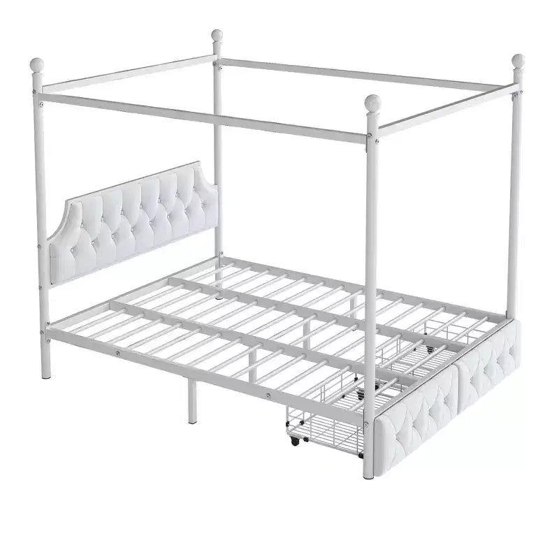 Bellemave Letto a baldacchino in metallo a 4 montanti Queen Size con testiera in velluto e 2 cassetti portaoggetti, Letto a piattaforma imbottito a baldacchino a 4 montanti, Bianco