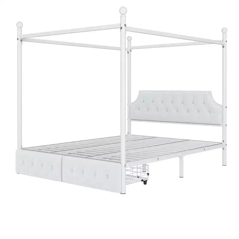 Bellemave Letto a baldacchino in metallo a 4 montanti Queen Size con testiera in velluto e 2 cassetti portaoggetti, Letto a piattaforma imbottito a baldacchino a 4 montanti, Bianco
