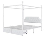 Bellemave Letto a baldacchino in metallo a 4 montanti Queen Size con testiera in velluto e 2 cassetti portaoggetti, Letto a piattaforma imbottito a baldacchino a 4 montanti, Bianco