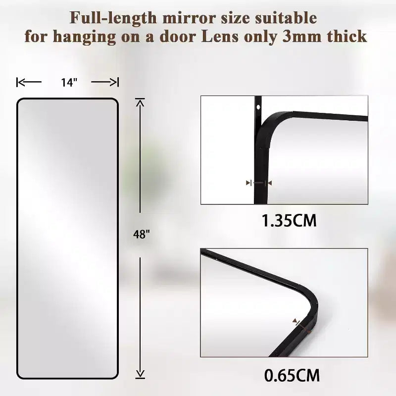 Specchio a figura intera 14x48 nero, cornice in lega di alluminio con ganci regolabili per dormitorio