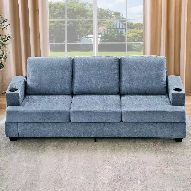 Divano moderno a 3 posti blu 89, seduta profonda con portabicchieri e tasche laterali, per soggiorno e appartamento