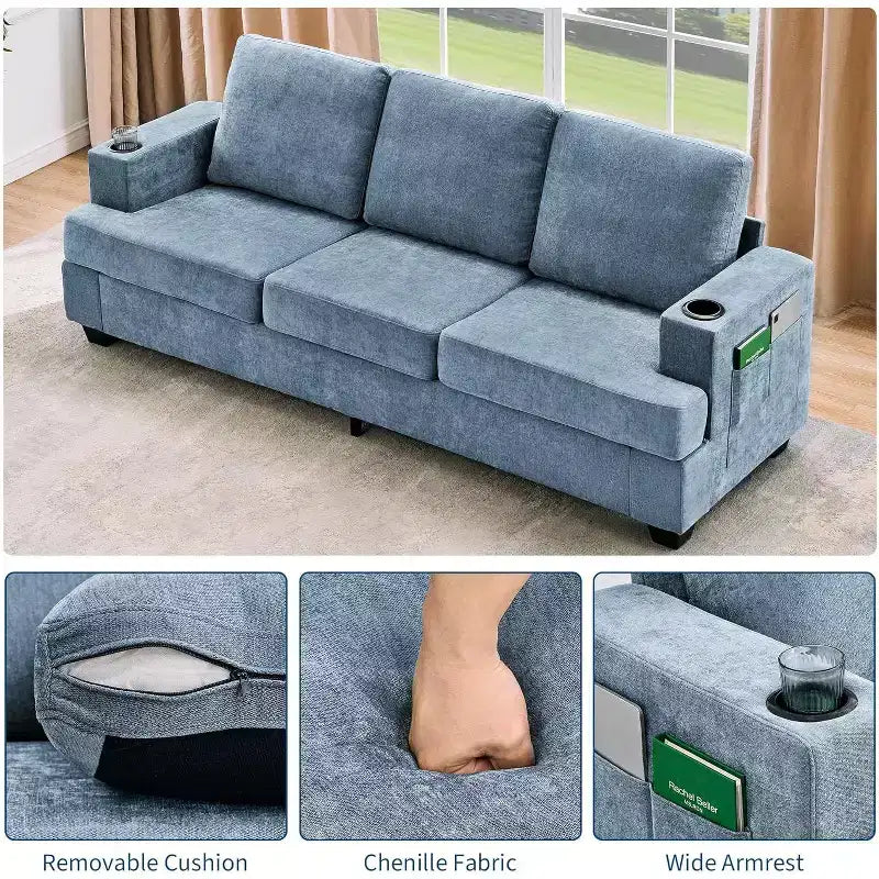 Divano moderno a 3 posti blu 89, seduta profonda con portabicchieri e tasche laterali, per soggiorno e appartamento
