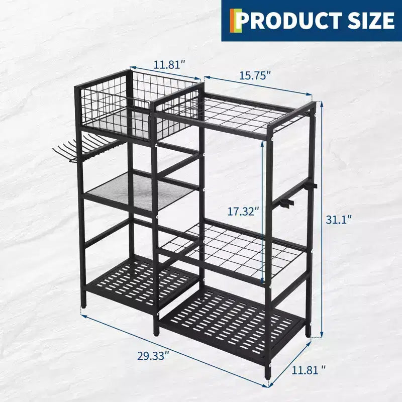 Organizzatore per attrezzi da giardino, scaffale a torre a 3 ripiani per garage, fino a 35 attrezzi a manico lungo, supporto autoportante per attrezzi da giardino per capanno