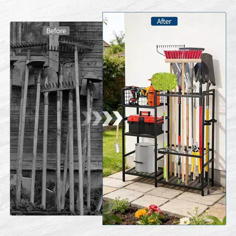 Organizzatore per attrezzi da giardino, scaffale a torre a 3 ripiani per garage, fino a 35 attrezzi a manico lungo, supporto autoportante per attrezzi da giardino per capanno