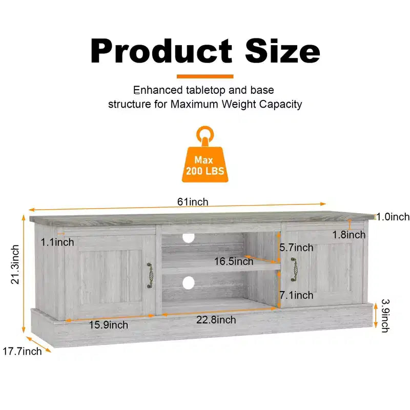 Mobile porta TV da fattoria per TV da 65 pollici, mobile TV con armadietti, mobiletto multimediale moderno, design rustico in legno per soggiorno e ufficio, 61*17.7*21.7