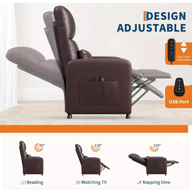 Poltrona Reclinabile Elettrica Acekool con Massaggio, Riscaldamento, Tasche portaoggetti e USB, Poltrona per Home Theater in Similpelle